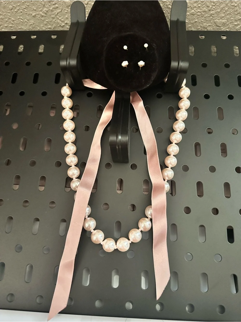 Classic Pearl Necklace with Pink Ribbon Accent and 2 set of pearl earrings